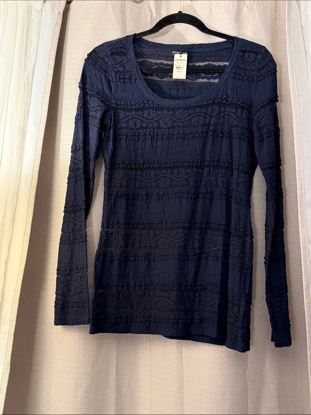 Express Navy Long-Sleeve Lace-Textured Scoop Neck Top